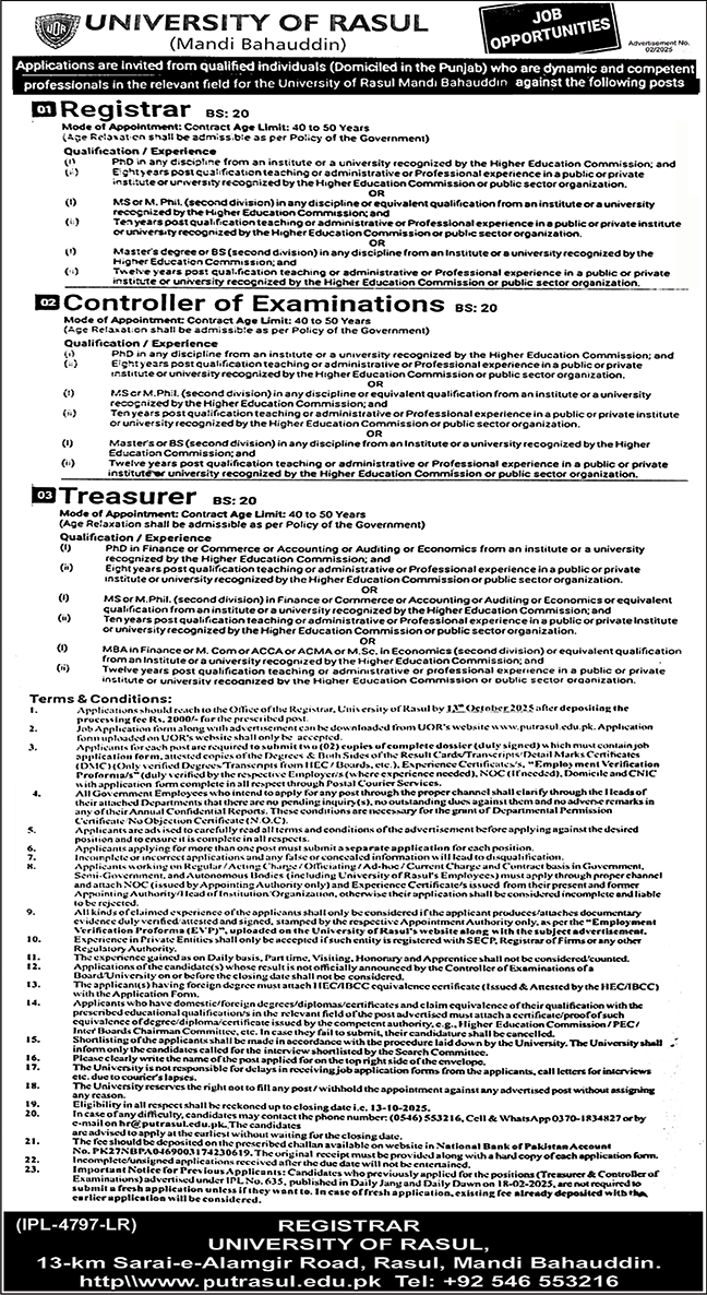 Jobs in University of Rasul Mandi Bahauddin